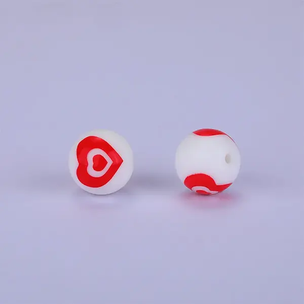Printed Round with Heart Pattern Silicone Focal Beads