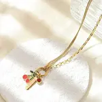 304 Stainless Steel Red Enamel and Siam Rhinestone Cherry Pendant Necklaces for Women