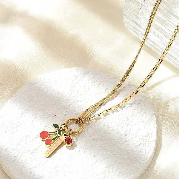 304 Stainless Steel Red Enamel and Siam Rhinestone Cherry Pendant Necklaces for Women