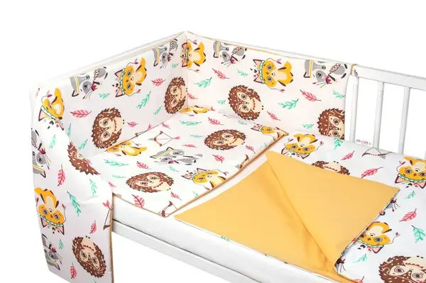 3-dielna sada Mantinel s obliečkami-Ježko a Liška, biela s potlačou/horčicová