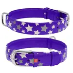 Plochý kožený obojok s hviezdičkami fialový svietiaci, Obvod krku: 27-36 cm, širka: 15 mm