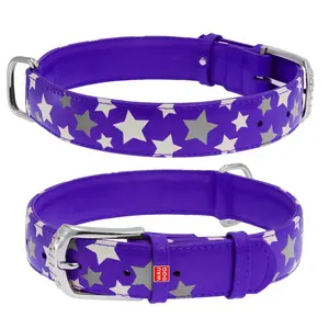 Plochý kožený obojok s hviezdičkami fialový svietiaci, Obvod krku: 27-36 cm, širka: 15 mm