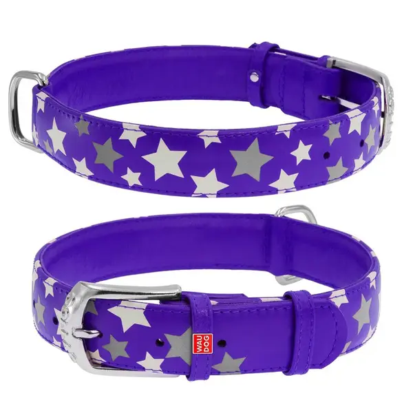 Plochý kožený obojok s hviezdičkami fialový svietiaci, Obvod krku: 27-36 cm, širka: 15 mm