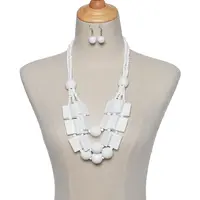 Wood Rectangle & Round Beaded Multilayer Necklaces & Dangle Earrings Sets