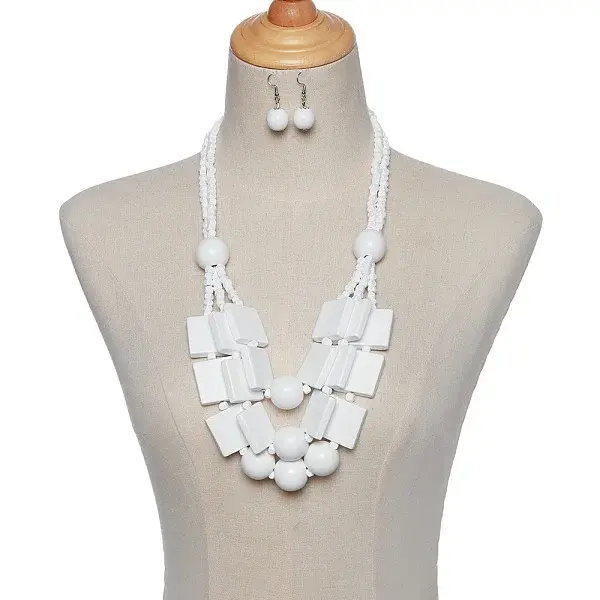 Wood Rectangle & Round Beaded Multilayer Necklaces & Dangle Earrings Sets
