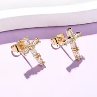 Brass Micro Pave Clear Cubic Zirconia Cross Stud Earrings
