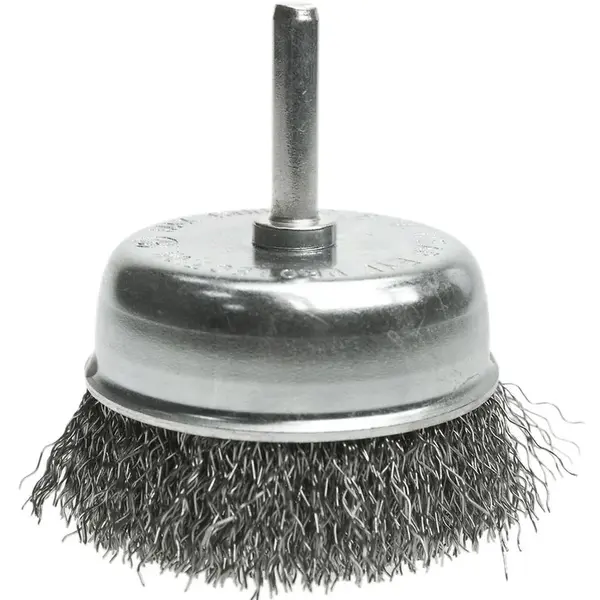 Kefa hrnčeková, 100 mm, so stopkou 6 mm, vlnitý oceľový drôt, Drel