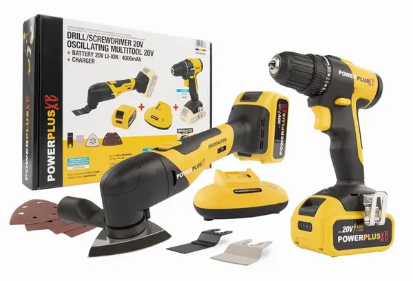 Sada aku vrtacího šroubováku a multifunkční brusky Powerplus 20 V, 4,0 Ah