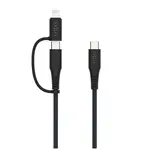 Dlouhý nabíjecí a datový opletený kabel FIXED, USB-C/USB-C a Lightning adaptér, PD, 2m, MFi, PD 60W, šedá