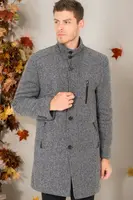 PLT8386 PÁNSKY KABÁT DEWBERRY - DIAGONÁLNE SVETLO ČIERNO-SIVÝ