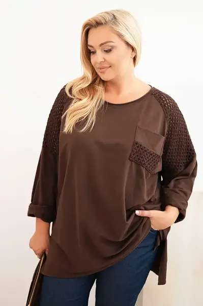 Kesi Włoski Dámská plus size bavlněná blůza s potiskem hnědá