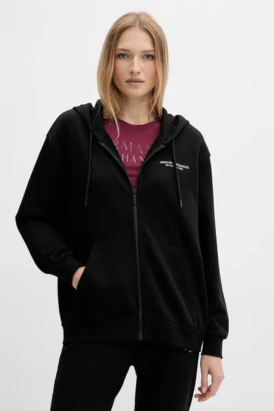 Bavlněná mikina Armani Exchange dámská, černá barva, s kapucí, hladká, XW001452 AF10830