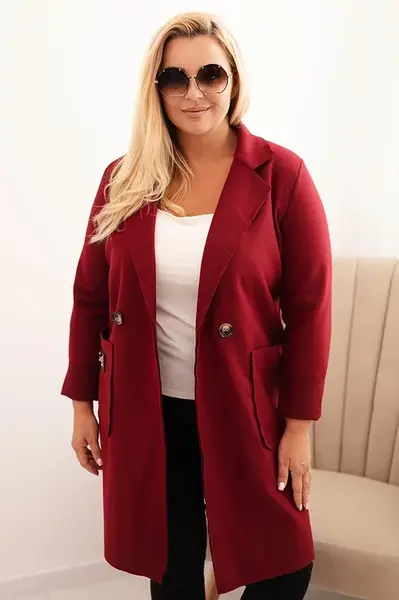 Kesi Włoski Dámský elegantní plášť Plus Size s límcem a velkými kapsami bordový