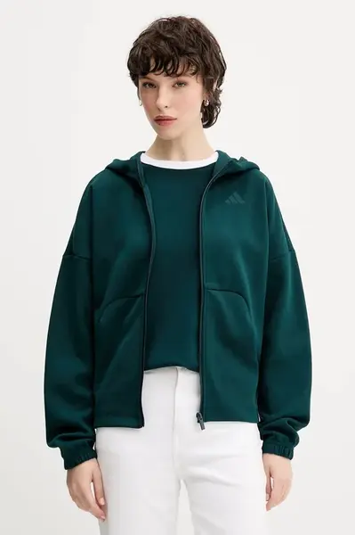 Mikina adidas Essentials dámská, zelená barva, s kapucí, hladká, JW7876