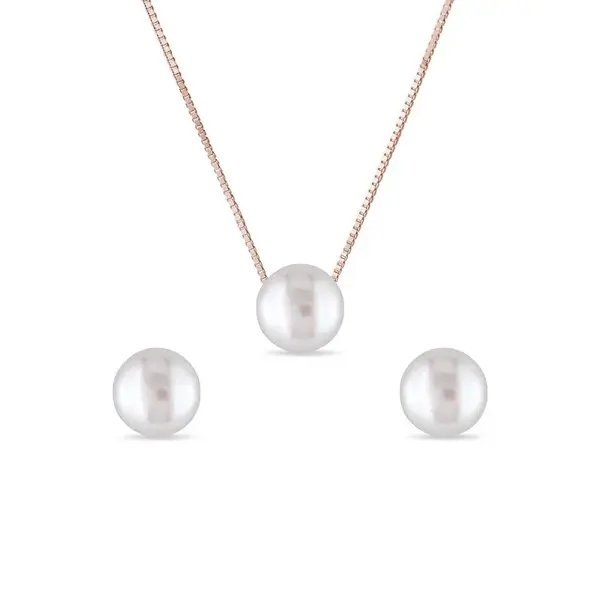 Perlová sada náušnic a náhrdelníku v růžovém zlatě KLENOTA