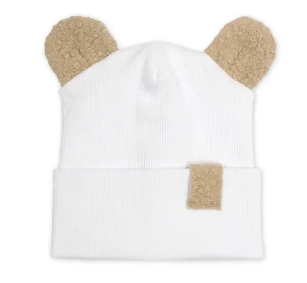 Dvojvrstvová rebrovaná čiapočka s uškami boucle medvedík - biela