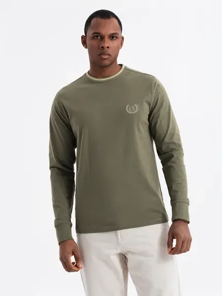 Ombre Men's cotton longsleeve with U neckline with stripes and embroidery - olive