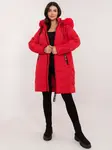 Red long winter jacket with stitching