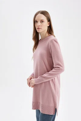 DEFACTO Regular Fit Crew Neck Slit Basic Plain Knitwear Sweater Tunic
