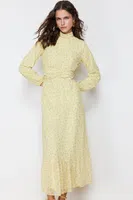 Trendyol Yellow Floral High Neck Waist Detailed Lined Chiffon Woven Dress