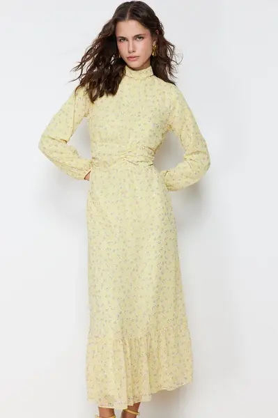 Trendyol Yellow Floral High Neck Waist Detailed Lined Chiffon Woven Dress