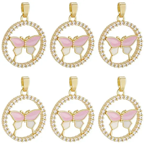 6Pcs Brass Micro Pave Cubic Zirconia Enamel Pendants