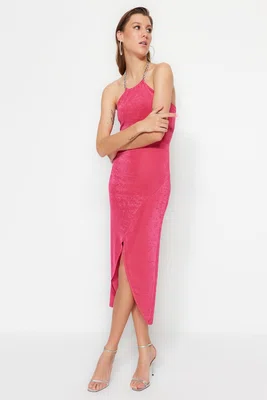 Trendyol Fuchsia dvouřadé pletené elegantní večerní šaty