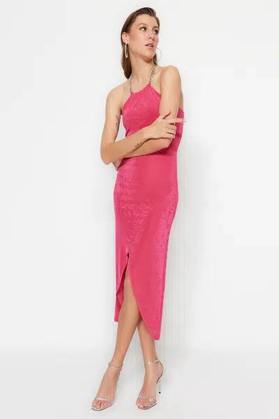 Trendyol Fuchsia dvouřadé pletené elegantní večerní šaty