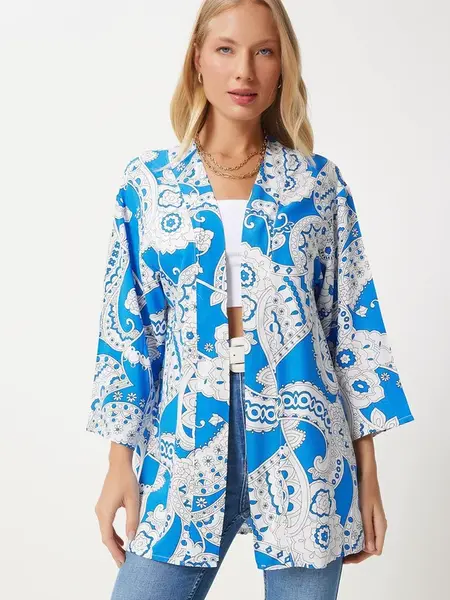 Happiness İstanbul Kimono  modrá / čierna / biela