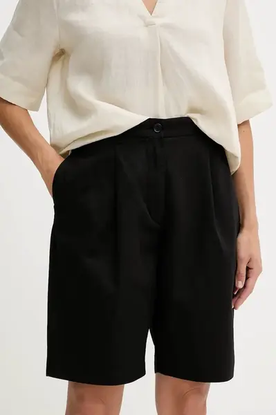 Šortky s příměsí lnu Tommy Hilfiger dámské, černá barva, high waist, WW0WW45784