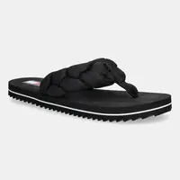 Žabky Tommy Jeans BRAIDED THONG BEACH SANDAL dámské, černá barva, na plochém podpatku, EN0EN02877