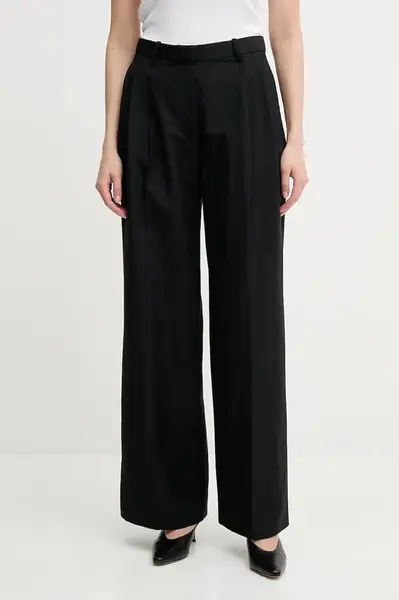 Kalhoty s příměsí lnu Tommy Hilfiger dámské, černá barva, high waist, WW0WW45460