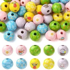 40Pcs 10 Colors Easter Theme Printed Wood Beads