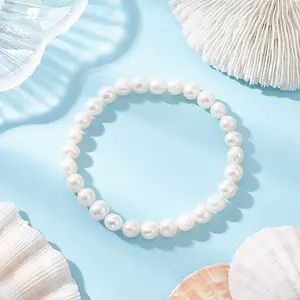 Natural Cultured Freshwater Pearl Round Beaded Stretch Bracelets for Women