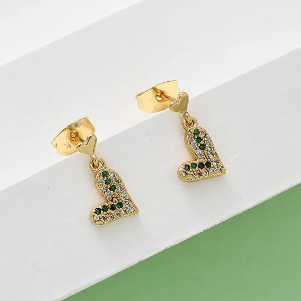 Brass Micro Pave Cubic Zirconia Heart Dangle Stud Earrings