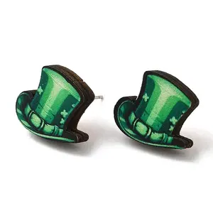Saint Patrick's Day Green Wood Stud Earrings