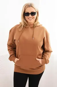 Kesi Włoski Dámská mikina s kapucí a klokankou Plus Size z bavlny camelová