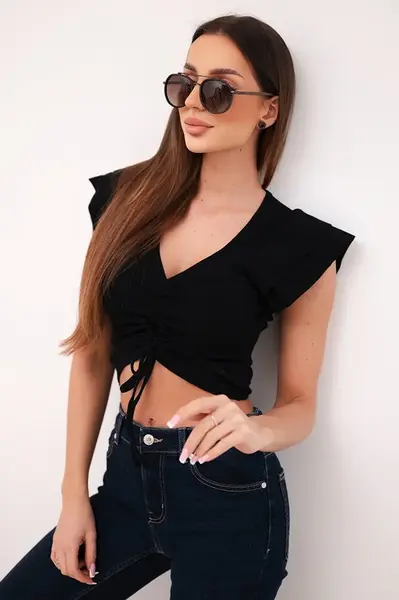 Dámsky rebrovaný pruhovaný crop top s riasením