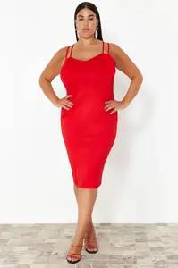 Trendyol Curve Red Sweetheart Collar Strap Summer Knitted Dress