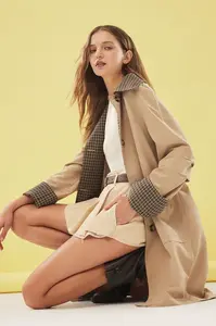 Trendyol Beige Plaid Lined Regular Midi Trench Coat