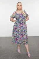 Trendyol Curve Pink Lined Chiffon Floral Square Neck Balloon Sleeve Woven Plus Size Dress