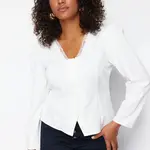 Trendyol Curve White Lace V-Neck Buttoned Plus Size Woven Blouse
