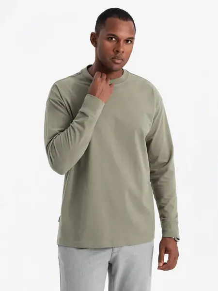 Ombre Men's cotton longsleeve LOOSE FIT with round neckline - khaki