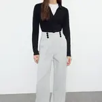 Trendyol Light Gray Button Detailed Wide Leg Woven Trousers