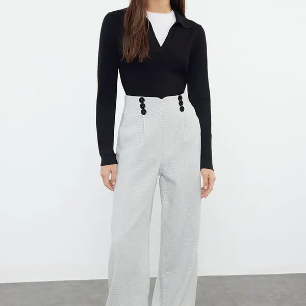 Trendyol Light Gray Button Detailed Wide Leg Woven Trousers