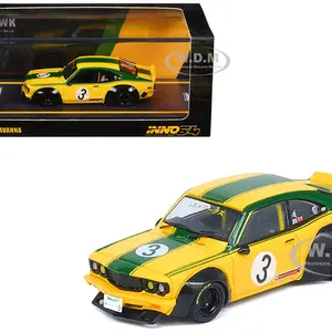 Mazda RX-3 Liberty Walk RHD (Right Hand Drive) 3 "Savanna" Yellow with Green Stripes 1/64 Diecast Model Car by Inno Models