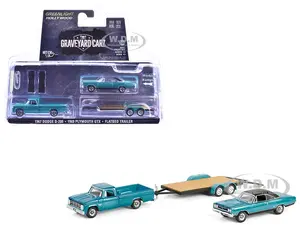 1969 Plymouth GTX Turquoise Metallic and 1967 Dodge D-200 Pickup Truck Turquoise Metallic with Flatbed Trailer "Graveyard Carz" (2012-Current) TV Ser