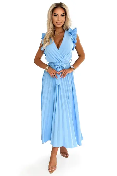 543-2 Pleated midi dress with a neckline and delicate ruffles - light blue