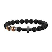 Cross Natural Obsidian & Dyed Tiger Eye Stretch Bracelet