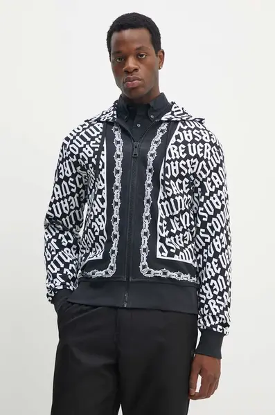 Bavlněná mikina Versace Jeans Couture pánská, černá barva, s kapucí, vzorovaná, 77GAIE08 CF20E